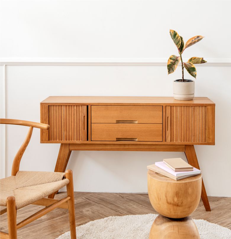 rubber plant wooden sideboard table